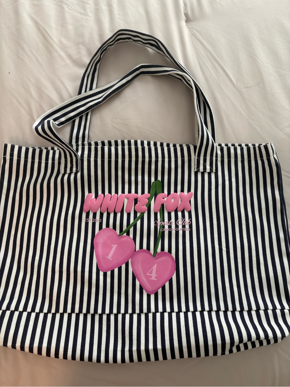 Black & White Stripe Tote Bag with Pink Cherry Graphic
